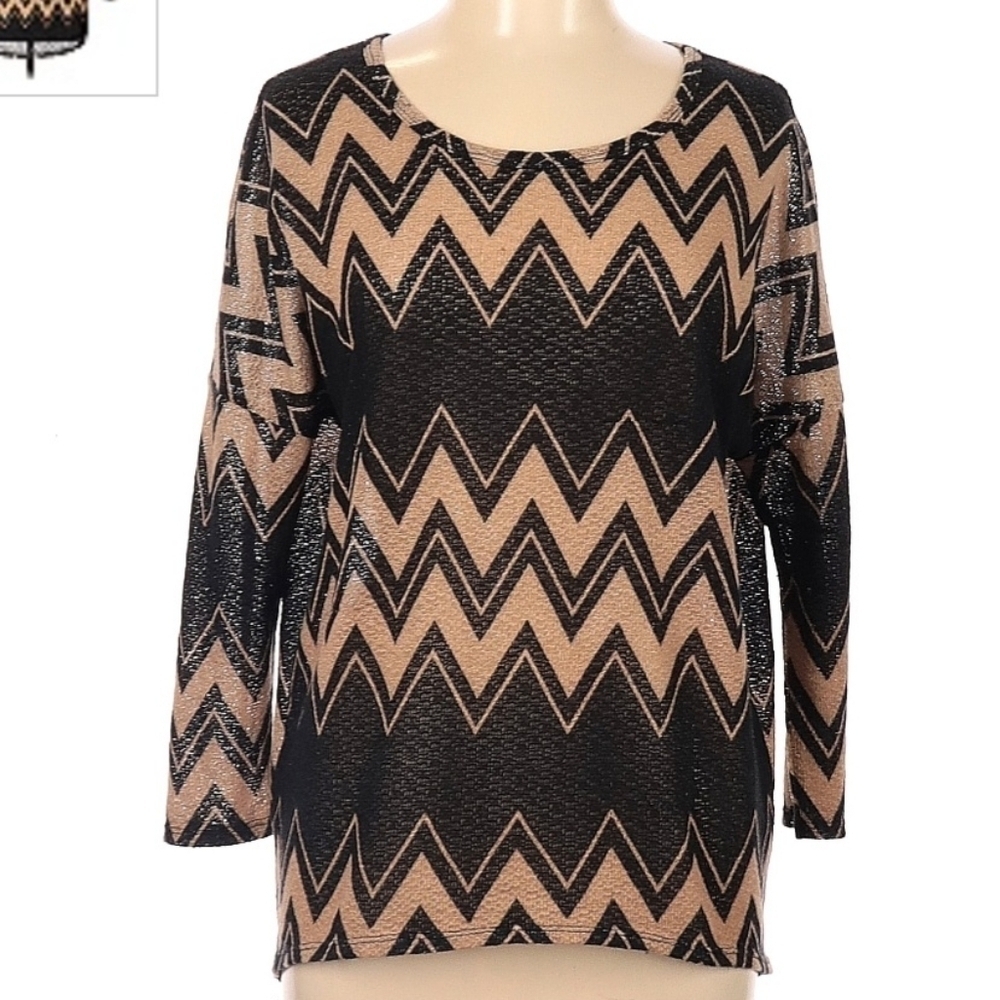 C Black Brown Chevron Round Neck Long Sleeve Top Women's Large L Career Office